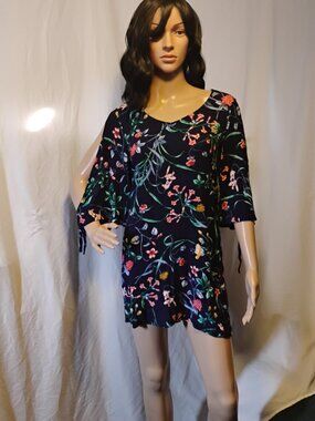 Red Lolly | Dark Blue Floral Split Sleeve Tunic / Mini Dress | XL | Rayon